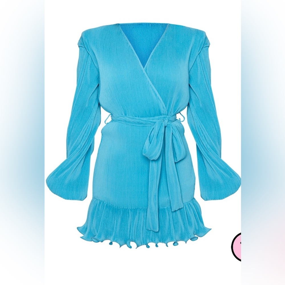 BLUE PLISSE SHOULDER PAD WRAP BODYCON DRESS